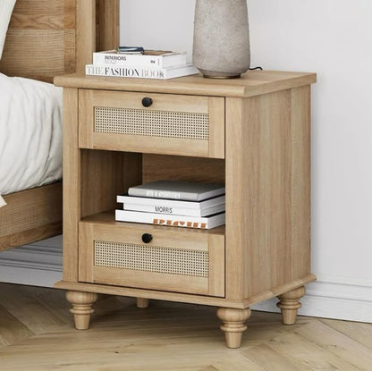 ADOUER WOOD 2-Drawers Nightstand with Rattan Inlay – Mid-Century Modern Bedside Table