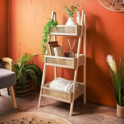 ADOUER WOOD 3-Tier A-Frame Wooden Ladder Shelf with Rattan Weave Baskets