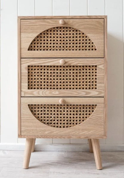 ADOUER WOOD The "Arc & Loom" 3-Drawer Nightstand Solid Wood with Natural Cane Inlay