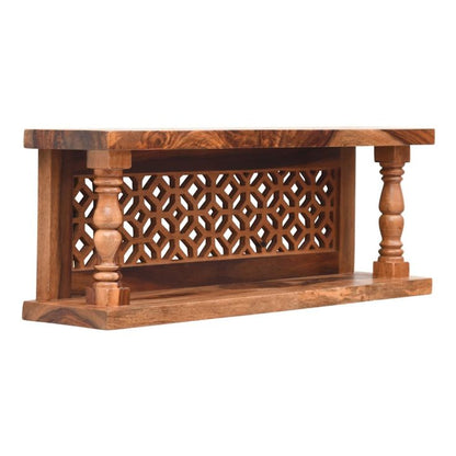 ADOUER WOOD Floating Wall Shelf with Traditional Jali Carving and Turned Pillars