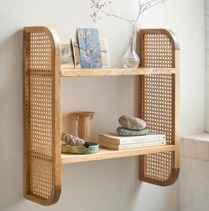 ADOUER WOOD Solid Wood & Rattan Cane Wall Shelf – 2-Tier Bohemian Floating Bookshelf