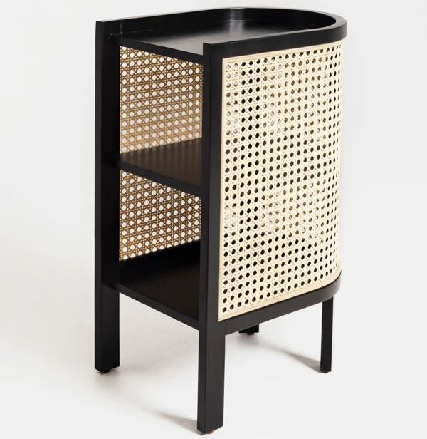 ADOUER WOOD Modern Curved Bedside Table with Natural Cane Webbing & Solid Wood Frame