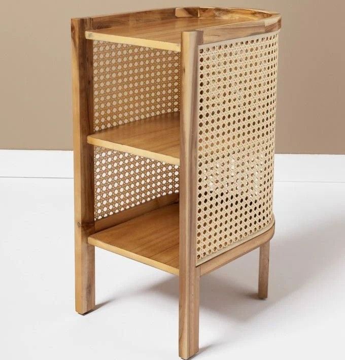 ADOUER WOOD Modern Curved Bedside Table with Natural Cane Webbing & Solid Wood Frame