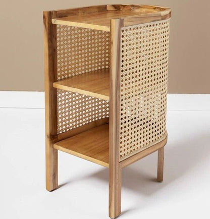 ADOUER WOOD Modern Curved Bedside Table with Natural Cane Webbing & Solid Wood Frame