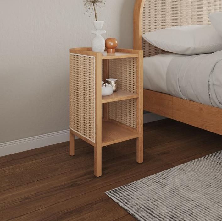 ADOUER WOOD Modern Curved Bedside Table with Natural Cane Webbing & Solid Wood Frame