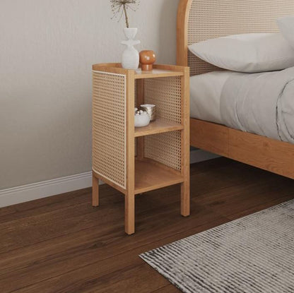 ADOUER WOOD Modern Curved Bedside Table with Natural Cane Webbing & Solid Wood Frame
