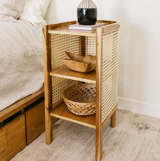ADOUER WOOD Modern Curved Bedside Table with Natural Cane Webbing & Solid Wood Frame