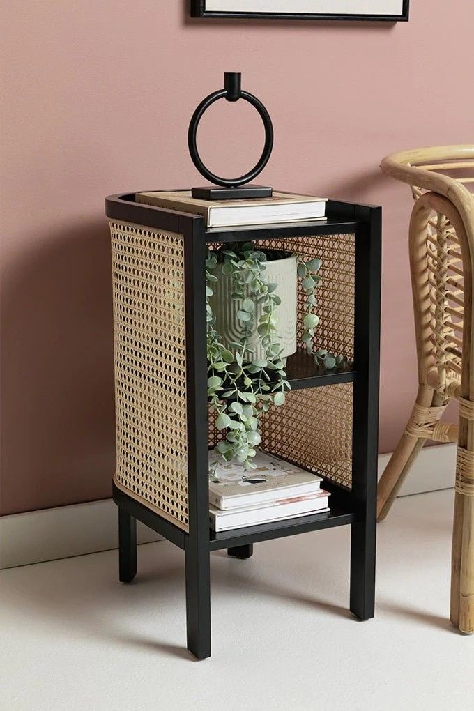 ADOUER WOOD Modern Curved Bedside Table with Natural Cane Webbing & Solid Wood Frame