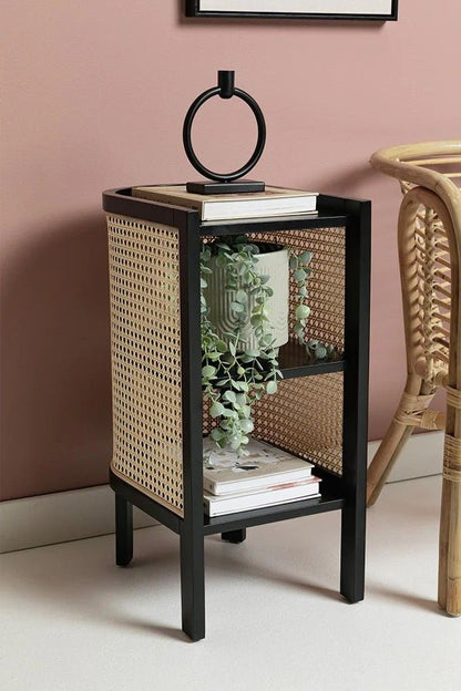 ADOUER WOOD Modern Curved Bedside Table with Natural Cane Webbing & Solid Wood Frame