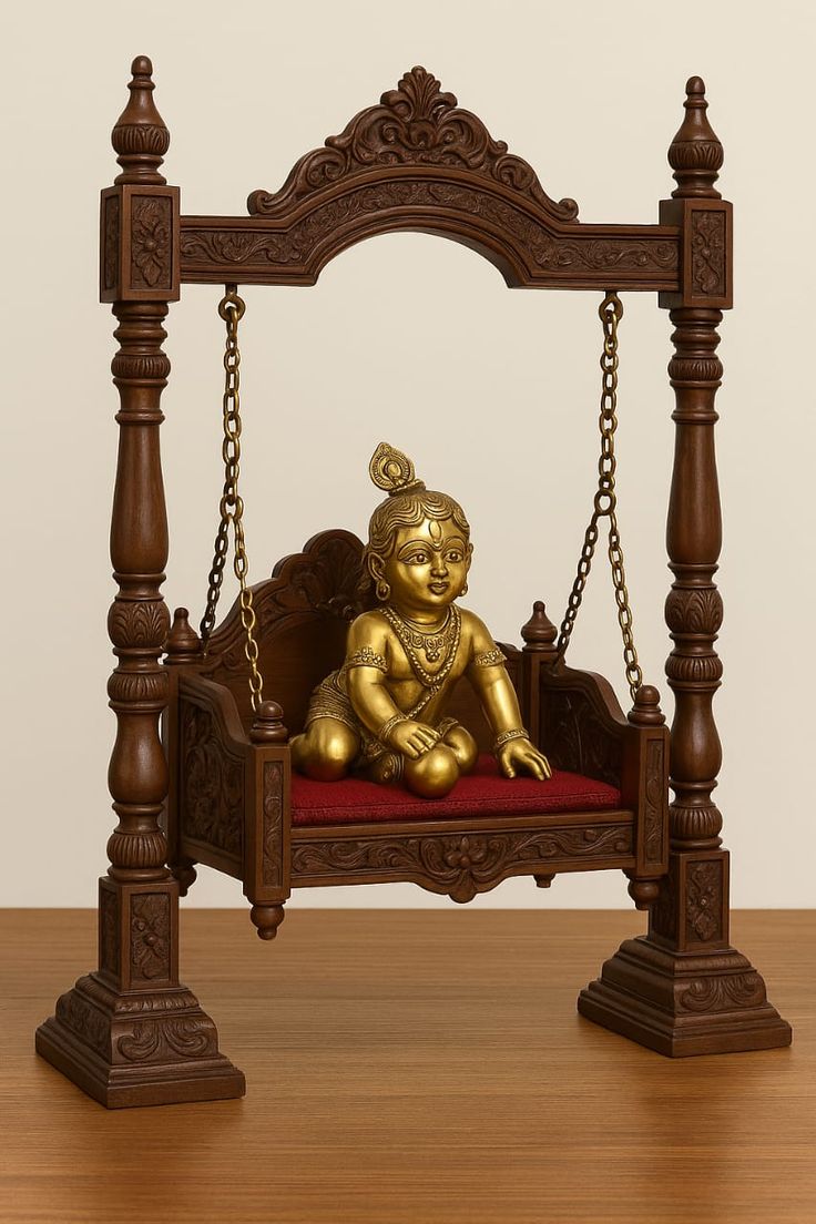 Minimalistic Hand-Carved Teak Wood Jhula for Laddu Gopal -Wooden Swing with Chains and Velvet Seating