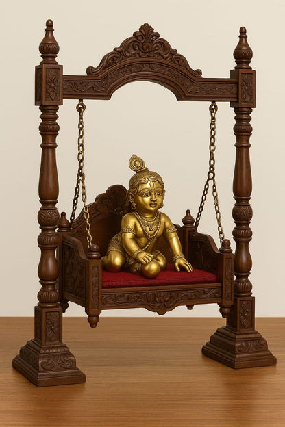 Minimalistic Hand-Carved Teak Wood Jhula for Laddu Gopal -Wooden Swing with Chains and Velvet Seating