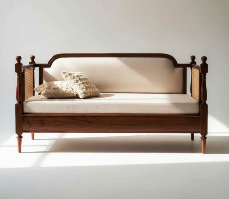 ADOUER WOOD Solid Wood 2-Seater Sofa with Hand-Woven Cane Details – Vintage Finish