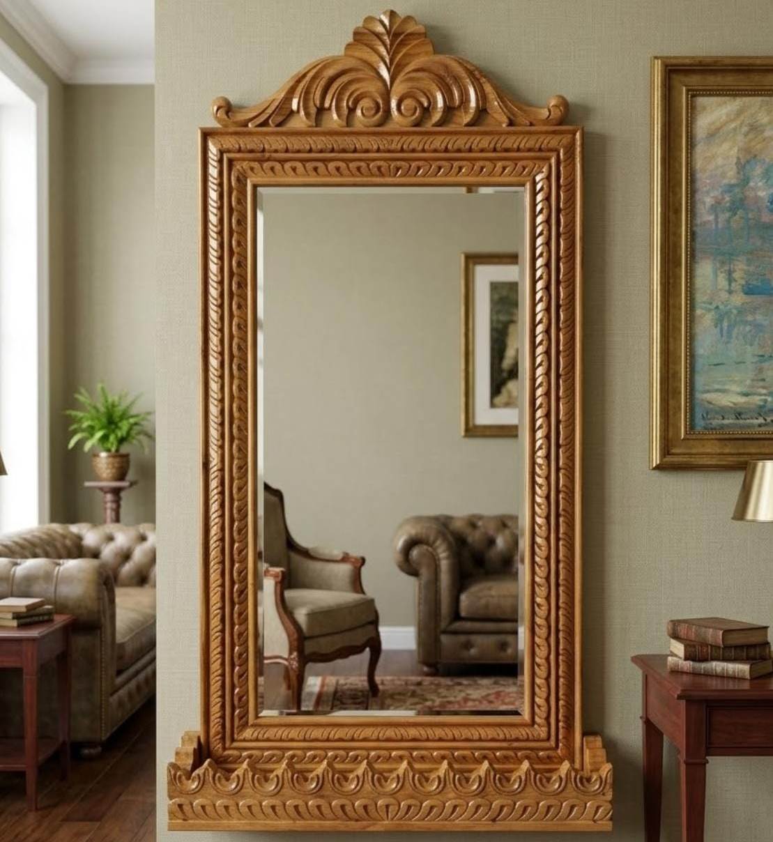 ADOUER WOOD Hand-Carved Solid Wood Full-Length Mirror with Built-in Display Shelf