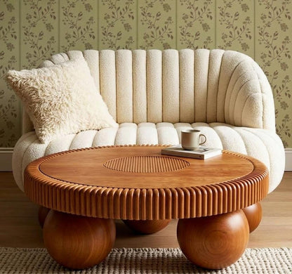 ADOUER WOOD Handcrafted Ribbed Solid Wood Round Coffee Table – Modern Sculptural Center Table with Sphere Legs