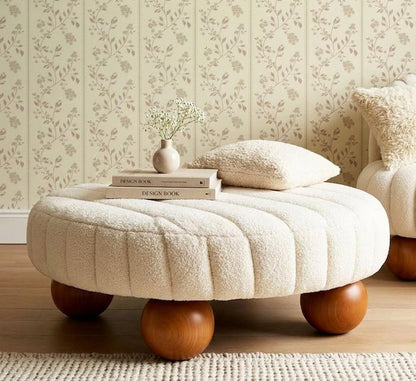 ADOUER WOOD Handcrafted Bouclé Round Ottoman – Ribbed Channel Tufted Coffee Table