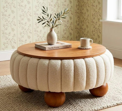 ADOUER WOOD Modern Bouclé Round Coffee Table – 2-in-1 Upholstered Ottoman with Solid Wood Top