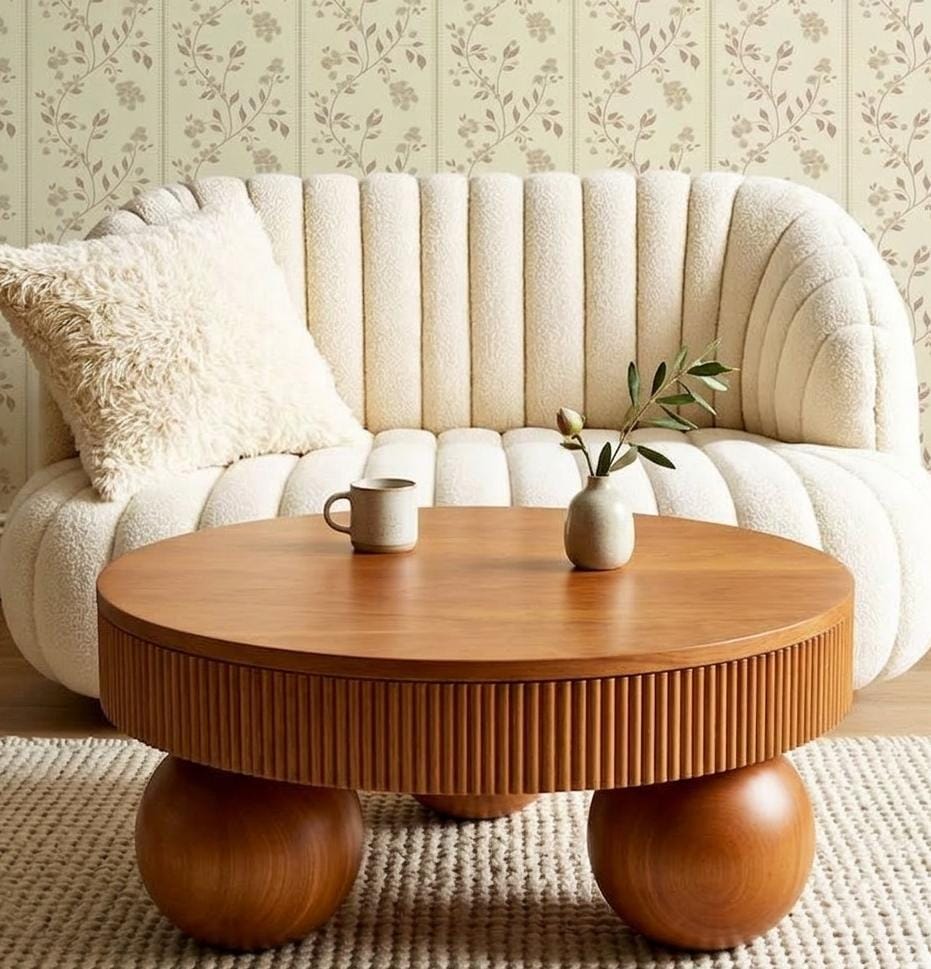 ADOUER WOOD Round Solid Wood Coffee Table with Fluted Detailing and Sphere Ball Legs