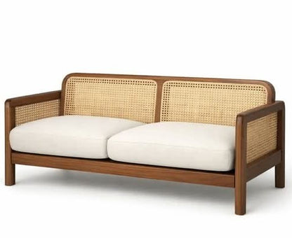 ADOUER WOOD Solid Wood Sofa with Natural Cane Backrest and Premium Fabric Cushions
