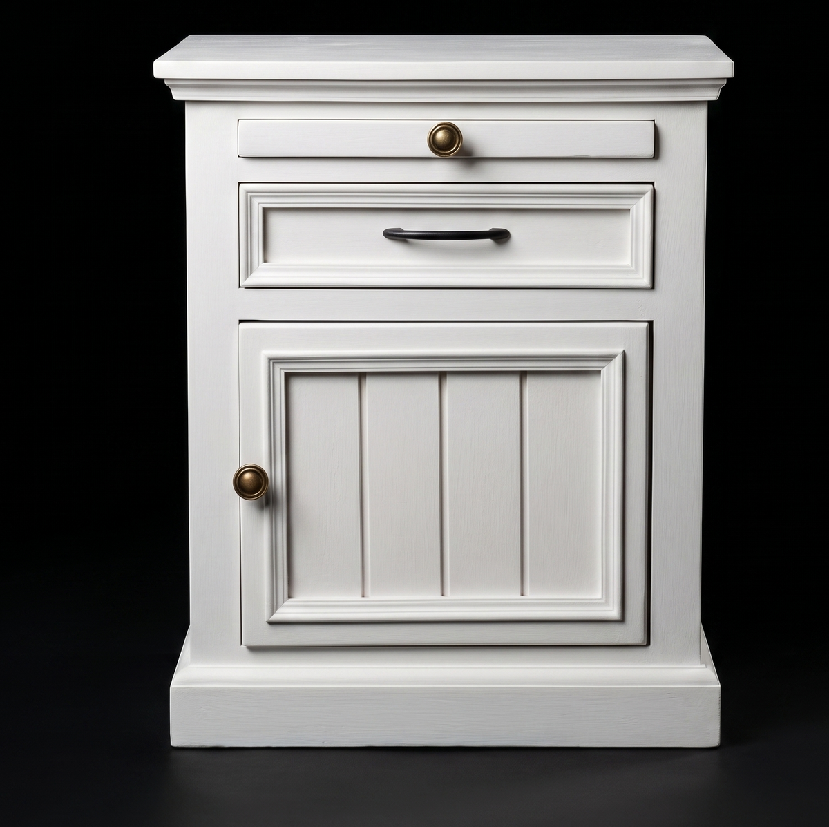 White cabinet with a door and two drawers on a black background