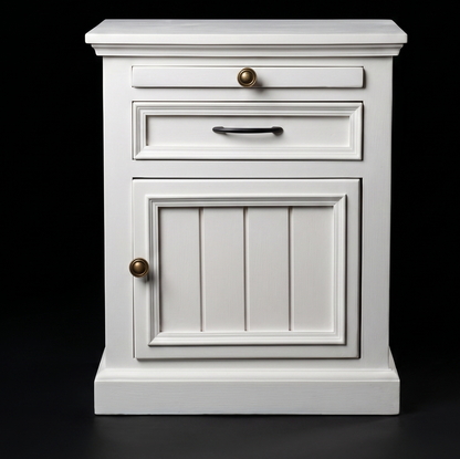 White cabinet with a door and two drawers on a black background