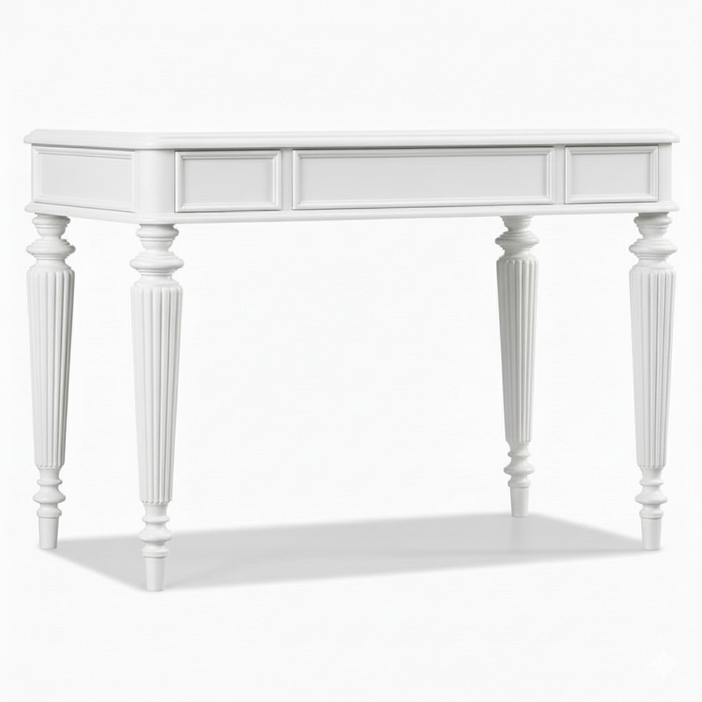 White console table with decorative legs on a white background