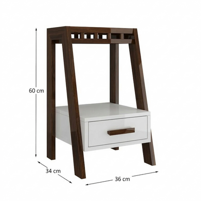 White nightstand with wooden legs and dimensions on a white background