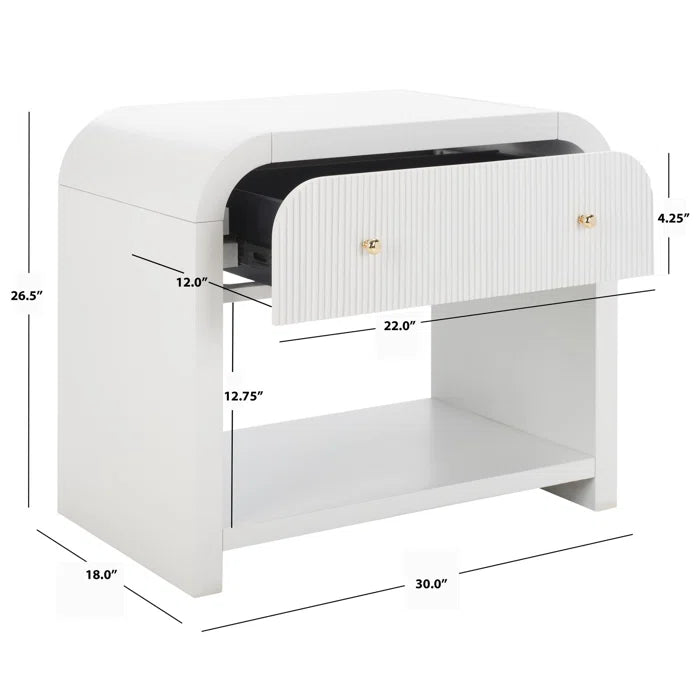 White side table with dimensions labeled on a white background