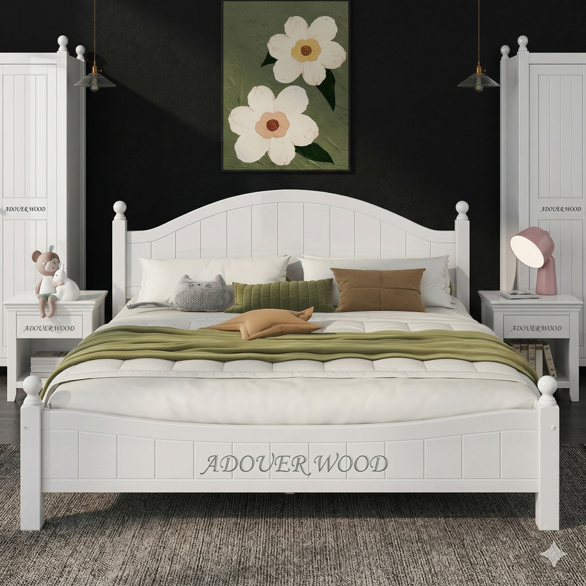 White wooden bed with green bedding in a bedroom setting, featuring 'ADOUER WOOD' branding.
