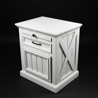 White wooden side table with a drawer and decorative cross design on a black background