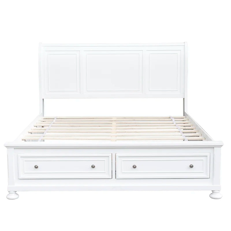 ADOUER WOOD Solid Sheesham Wood Classic Bed With Footboard Storage Drawer–White Finish