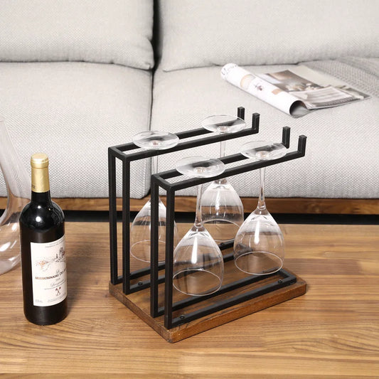 Adouer Wood "Rustic Wooden Base Wine Glass Stand with Black Metal Frame - Holds upto 6 Glasses"