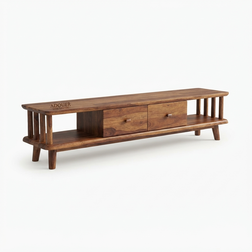 Adouer Wood Furniture Modern Sheesham Wood TV Unit with Storage & Wooden Handles