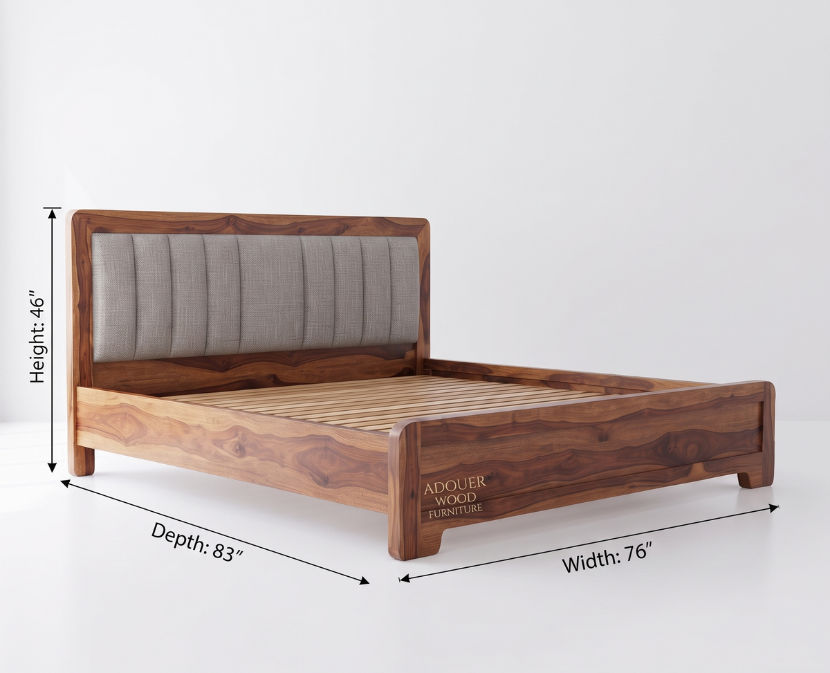 ADOUER WOOD Modern Wooden Bed Frame with Gray Fabric Tufted Headboard & Wood Slats