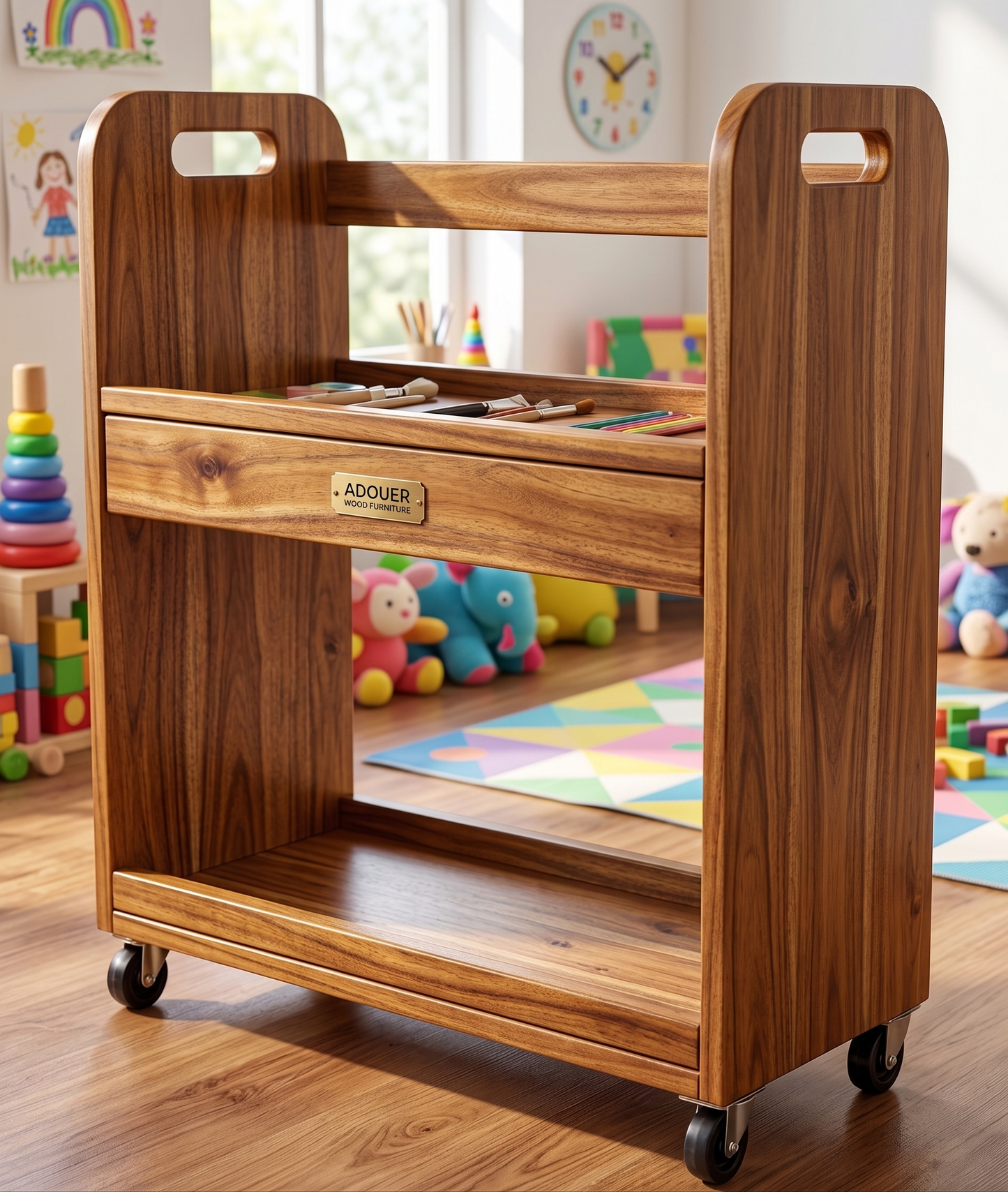 ADOUER WOOD 2-Tier Rolling Wooden Bookcase & Magazine Stand with Handles