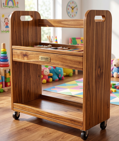 ADOUER WOOD 2-Tier Rolling Wooden Bookcase & Magazine Stand with Handles