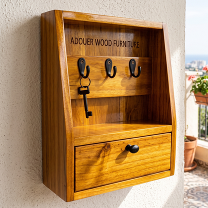 ADOUER WOOD Wooden Key Holder for Wall with Storage Drawer & Small Shelf