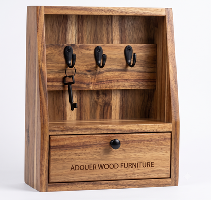ADOUER WOOD Wooden Key Holder for Wall with Storage Drawer & Small Shelf