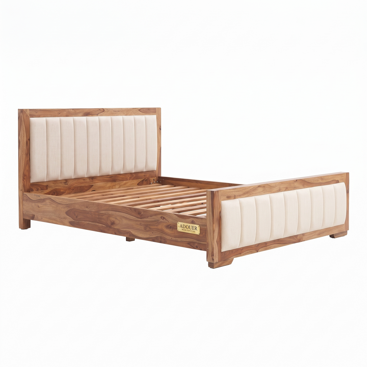 ADOUER WOOD Premium Wooden Platform Bed with Beige Channel Tufted Headboard