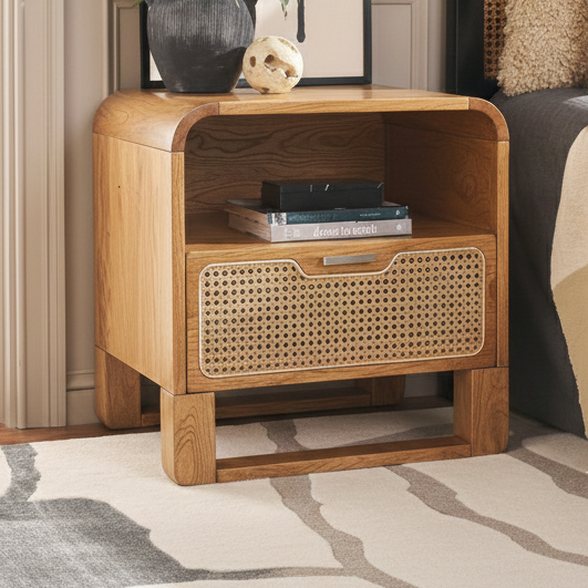 Wooden nightstand with wicker drawer in a home setting