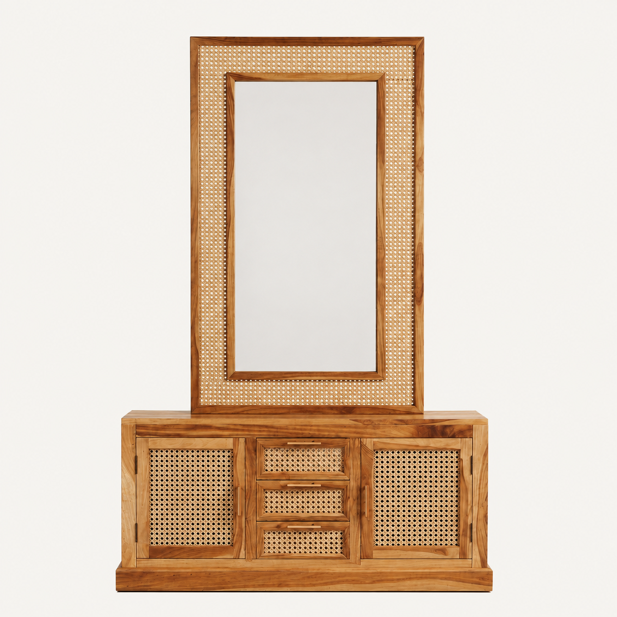 A wooden entryway console table with a tall matching mirror, featuring natural cane rattan woven panels on the doors, drawers, and mirror frame, set against a plain off-white background.