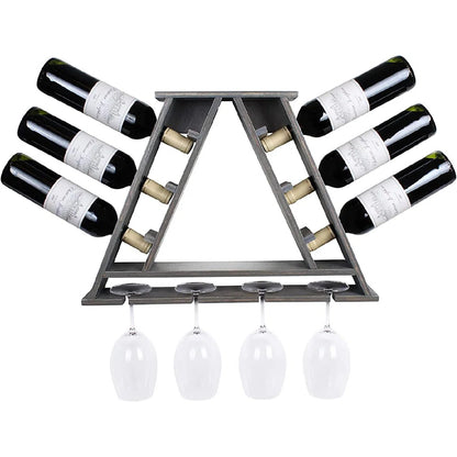 Adouer Wood "Solid Sheesham Wood Pyramid Wine Rack and Glass Holder for 6 Bottles and 4 Glasses"