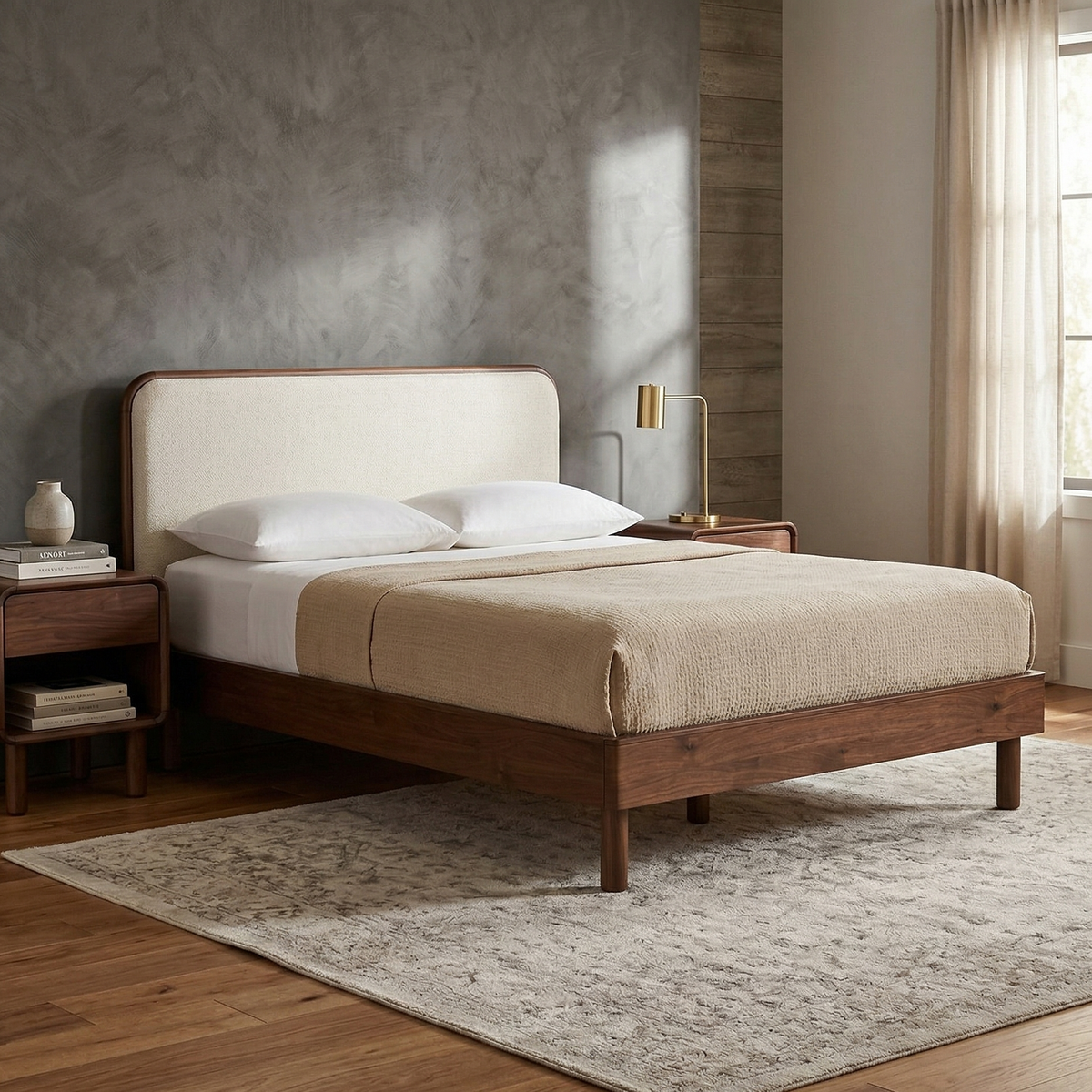 Wooden bed with beige bedding in a bedroom setting