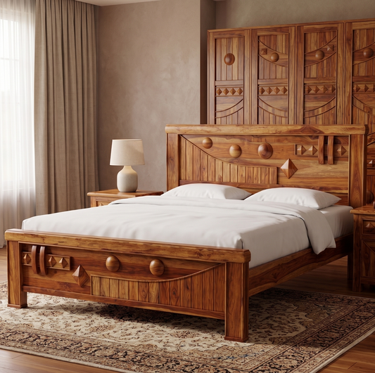 Wooden bed with intricate carvings 