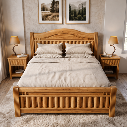 Wooden bed in a bedroom with two lamps and framed pictures on the wall.