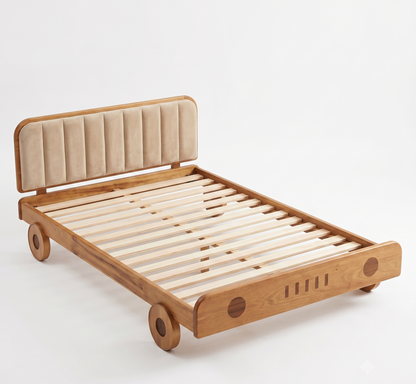 Wooden bed with beige cushioned headboard on a white background
