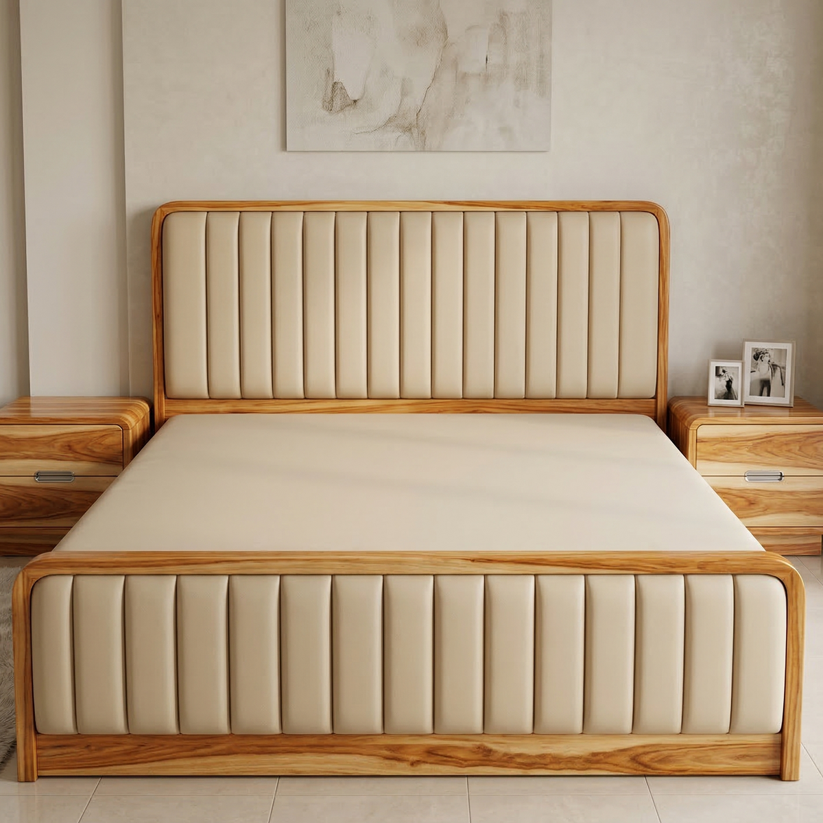 Wooden bed with beige upholstered headboard in a bedroom setting