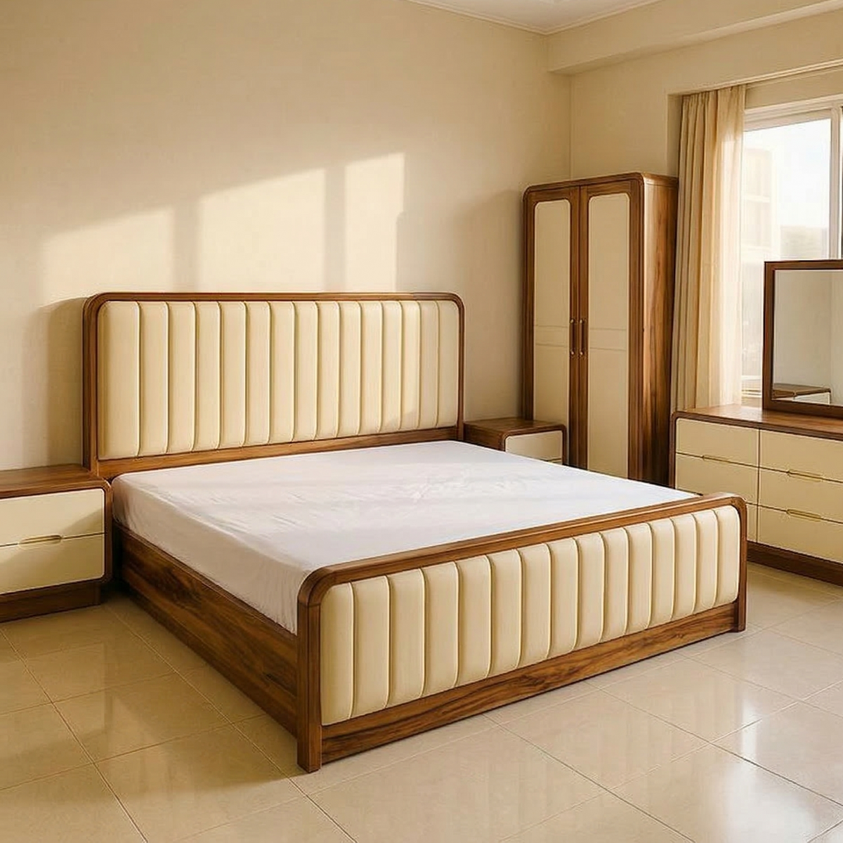 Wooden bed with cream upholstered headboard and footboard in a bedroom setting.