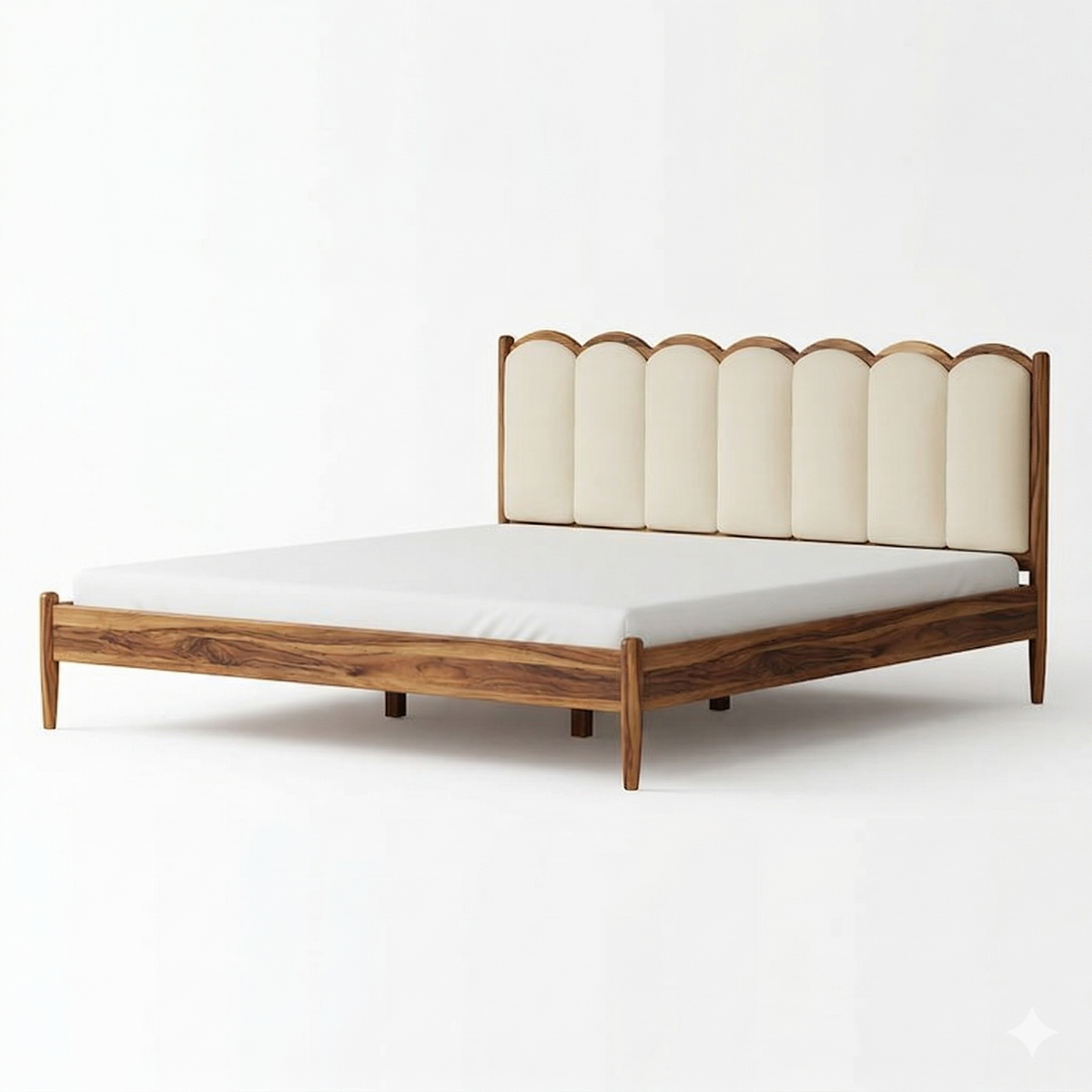 Wooden bed with white mattress and headboard on a white background