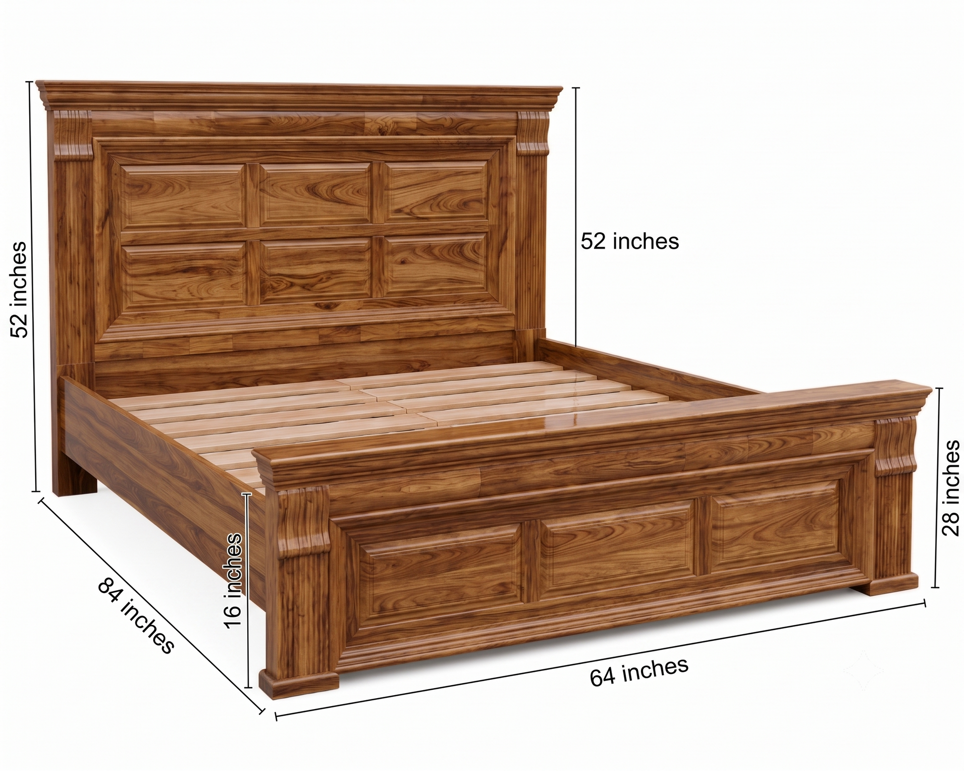 Wooden bed with dimensions labeled on a white background