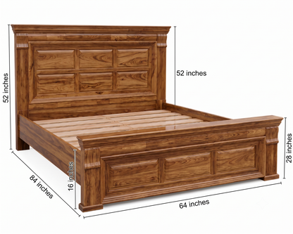 Wooden bed with dimensions labeled on a white background